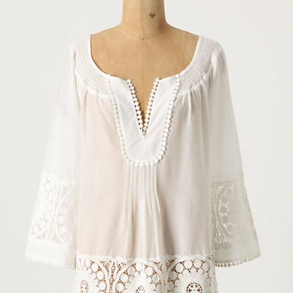 Anthropologie White Silky Embroidered Tunic, S - Picture 2 of 12